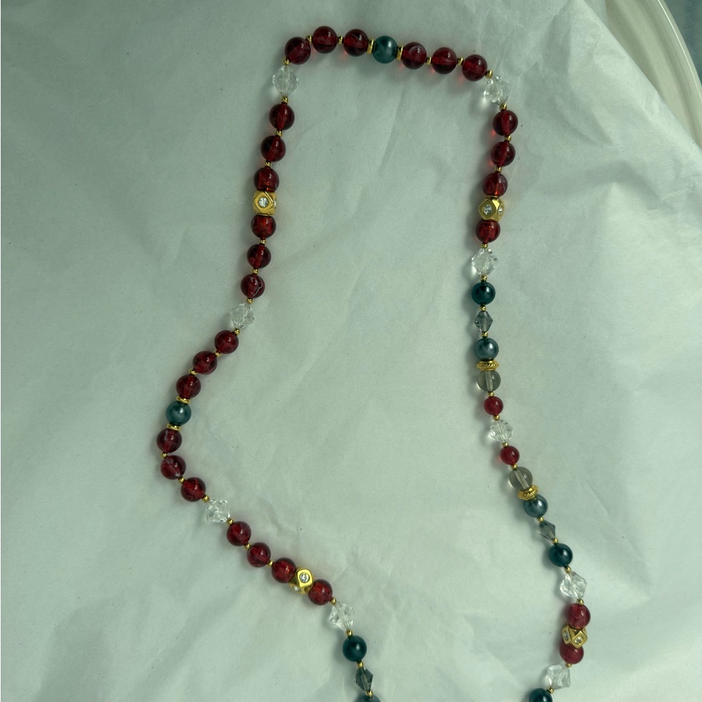 Elegant Red And GrayBlue Beaded Necklace 10$